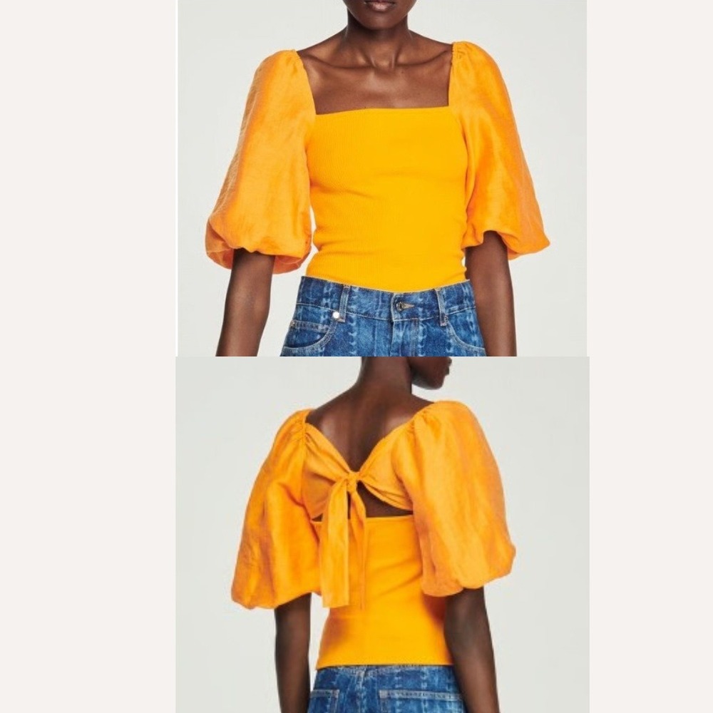 Sandro Beauvoisin Dual-Fabric Top Orange Ribbed Knit Puff Sleeve Bow Back Size 1